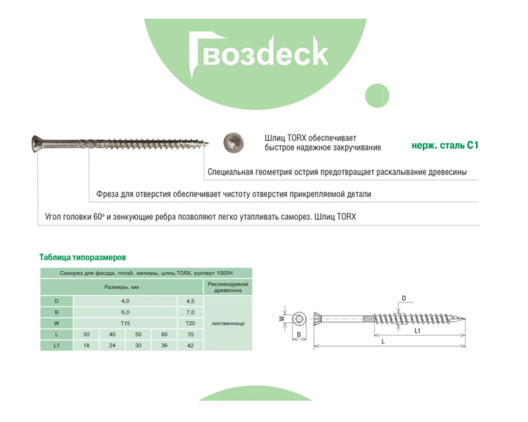 Саморез Гвозdeck/Гвоздэк Для Фасада Потайной 4.5*70 Нерж T20 Упаковка 200 шт